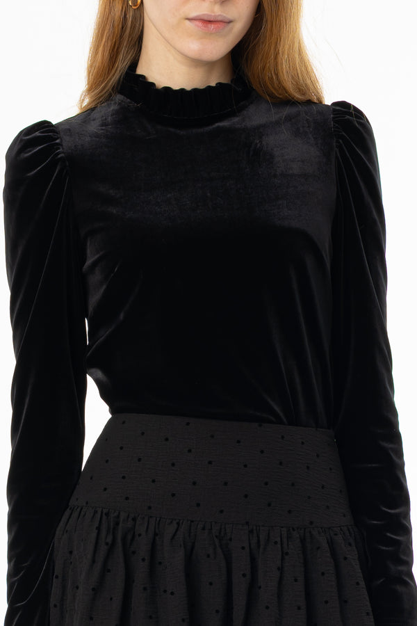 Black Ruffle Collar Velvet Top