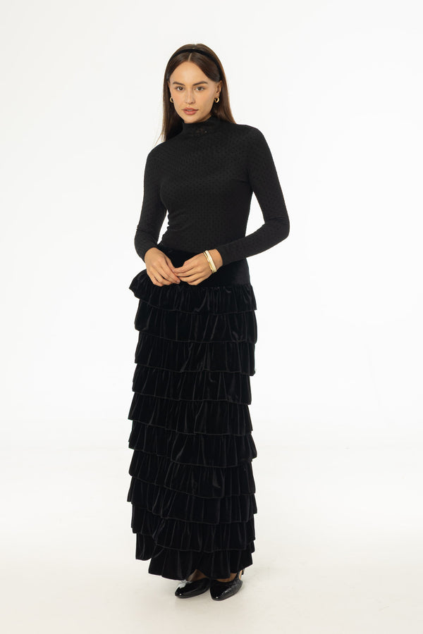 Black Ruffle Velour Maxi Skirt