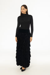 Black Ruffle Velour Maxi Skirt