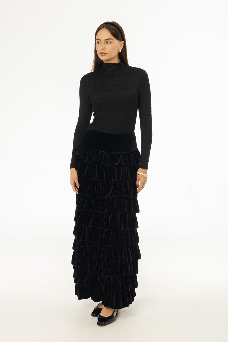Black Ruffle Velour Maxi Skirt