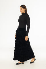 Black Ruffle Velour Maxi Skirt