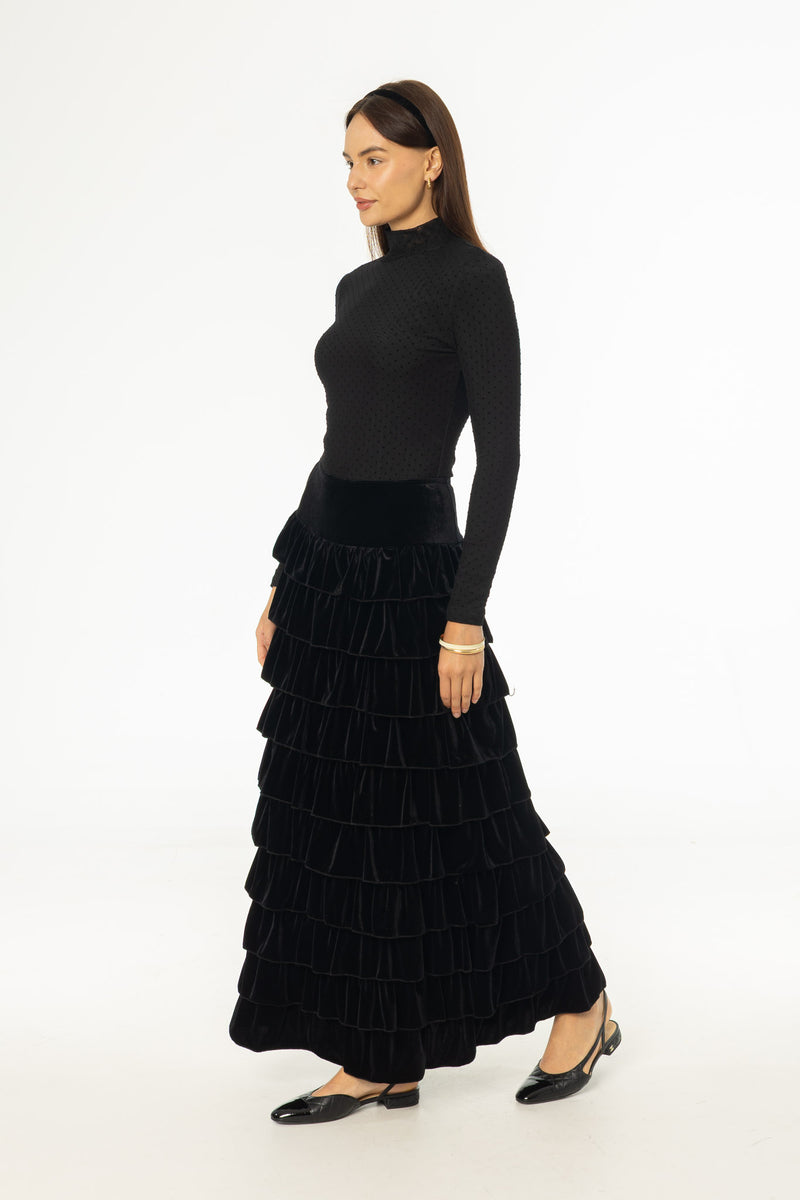 Black Ruffle Velour Maxi Skirt