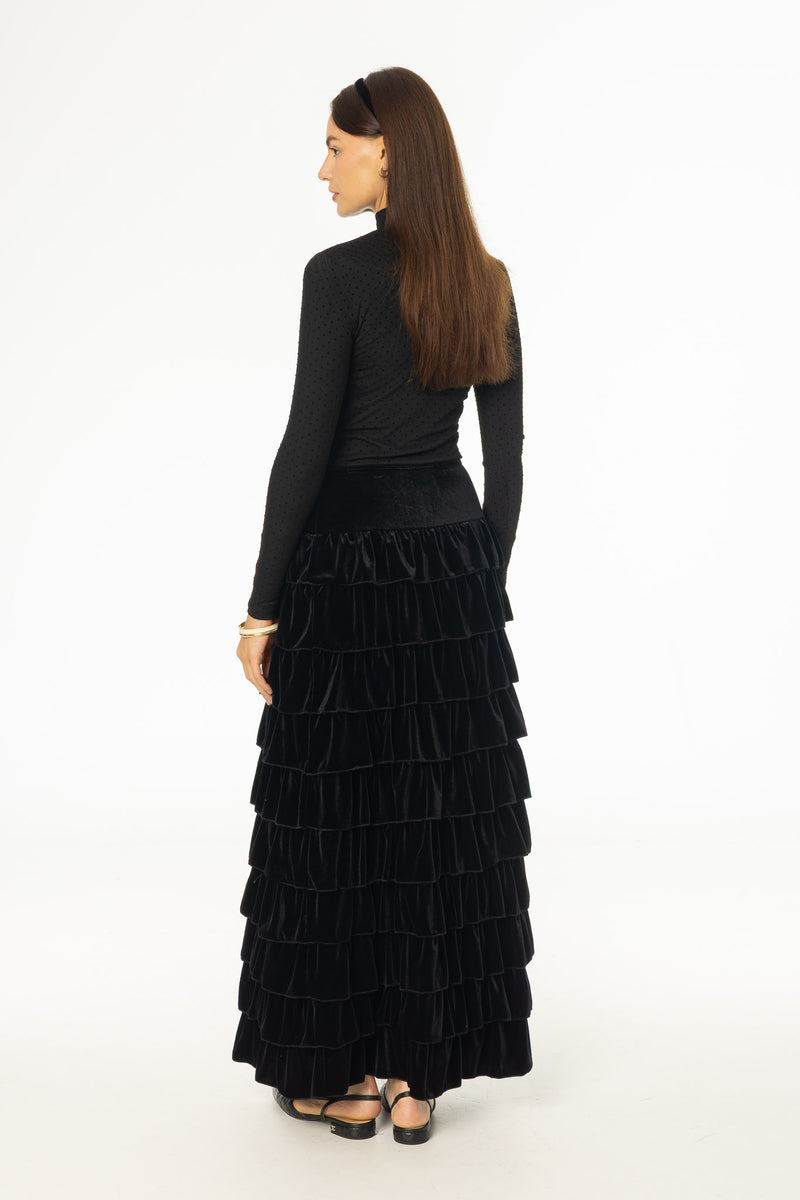 Black Ruffle Velour Maxi Skirt
