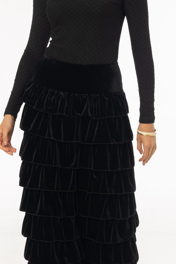 Black Ruffle Velour Maxi Skirt