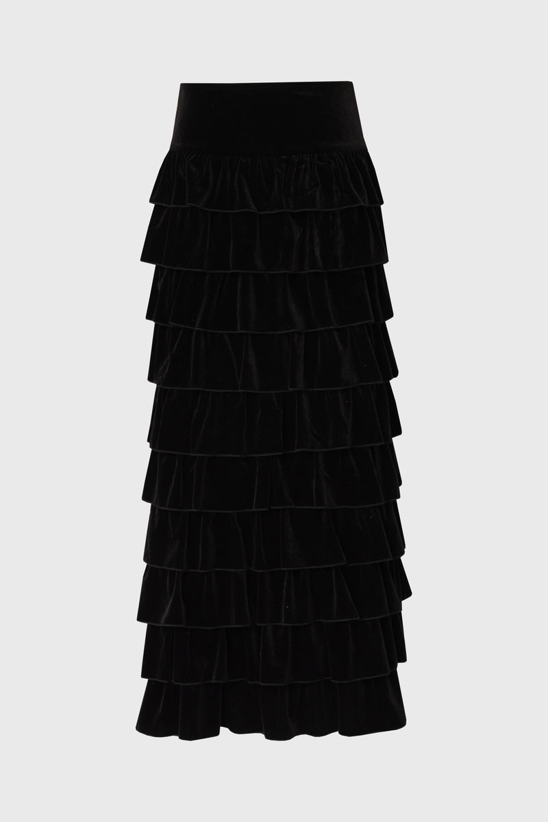 Black Ruffle Velour Maxi Skirt