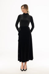 Black Ruffle Velvet Maxi Skirt