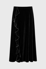 Black Ruffle Velvet Maxi Skirt