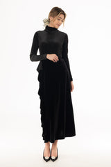 Black Ruffle Velvet Maxi Skirt
