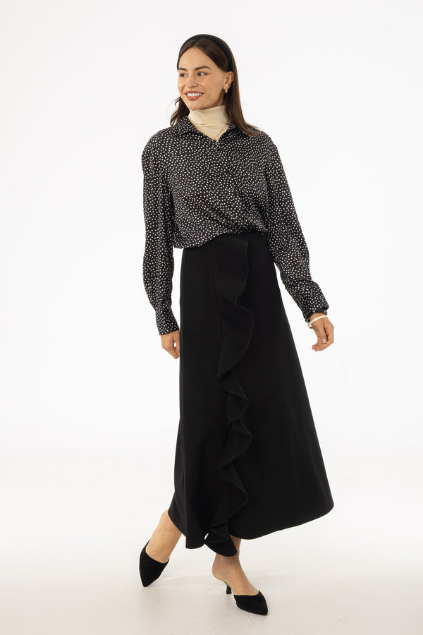 Black Ruffle Wool Maxi Skirt