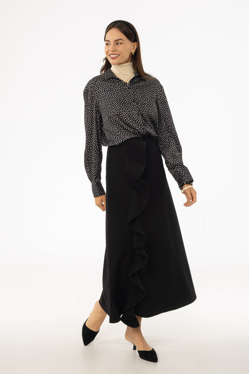 Black Ruffle Wool Maxi Skirt