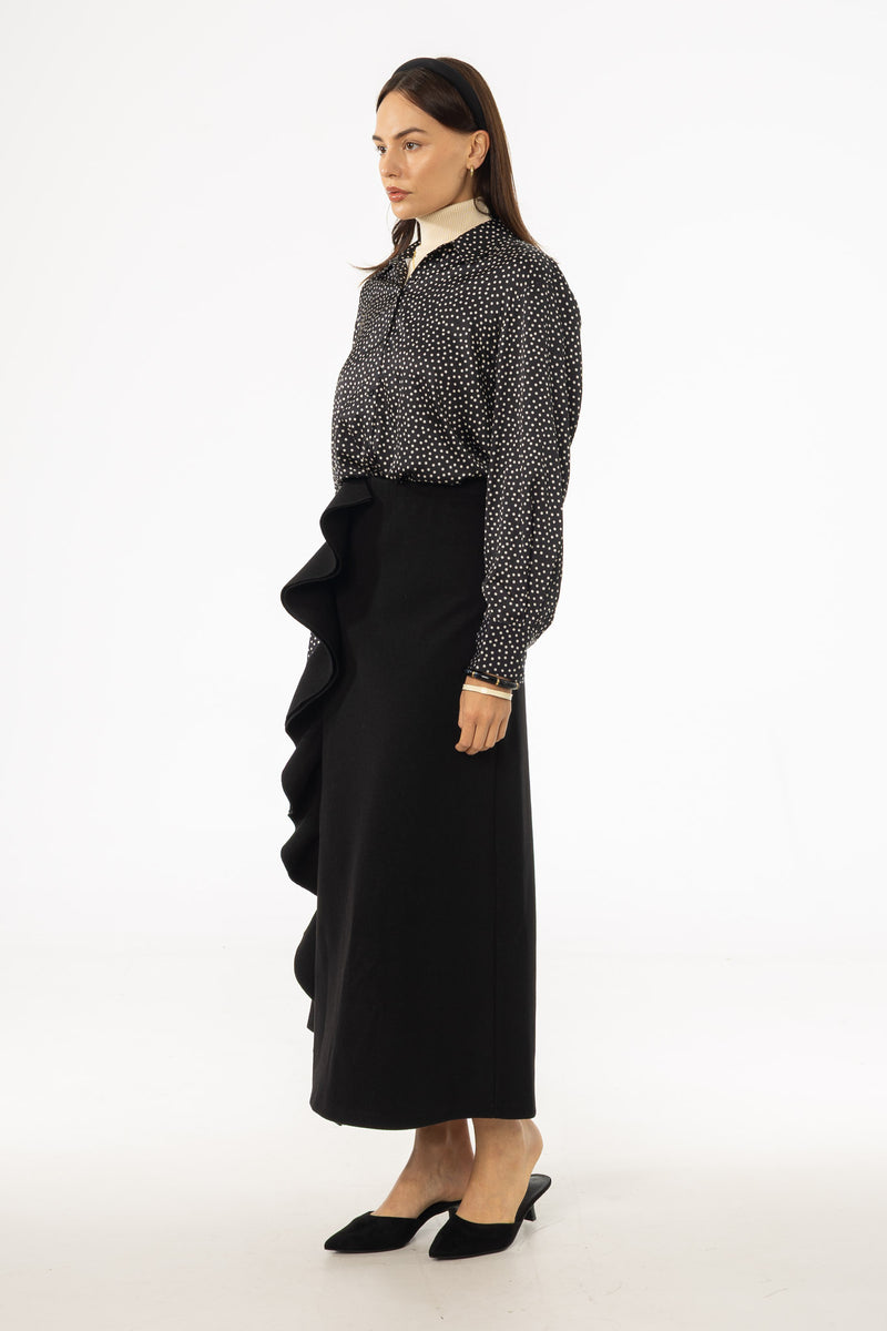 Black Ruffle Wool Maxi Skirt