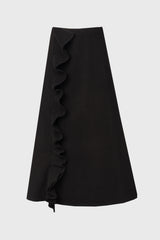 Black Ruffle Wool Maxi Skirt