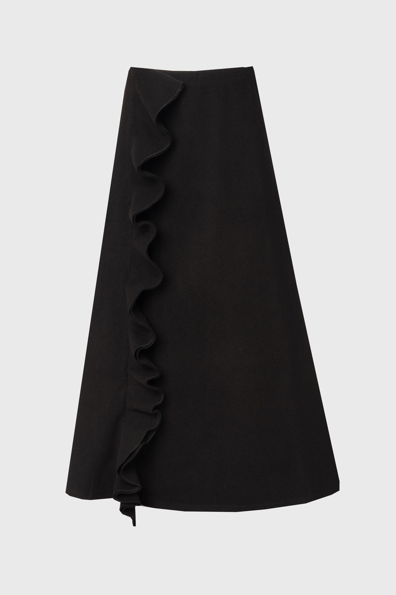Black Ruffle Wool Maxi Skirt