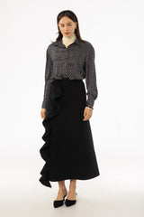 Black Ruffle Wool Maxi Skirt