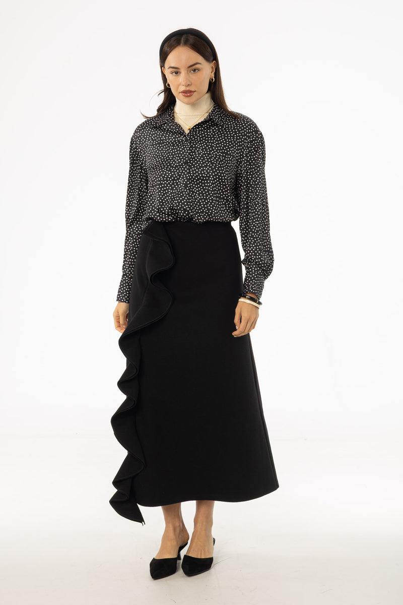 Black Ruffle Wool Maxi Skirt