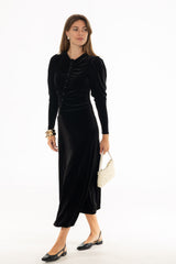 Black Side Button Velvet Maxi Dress
