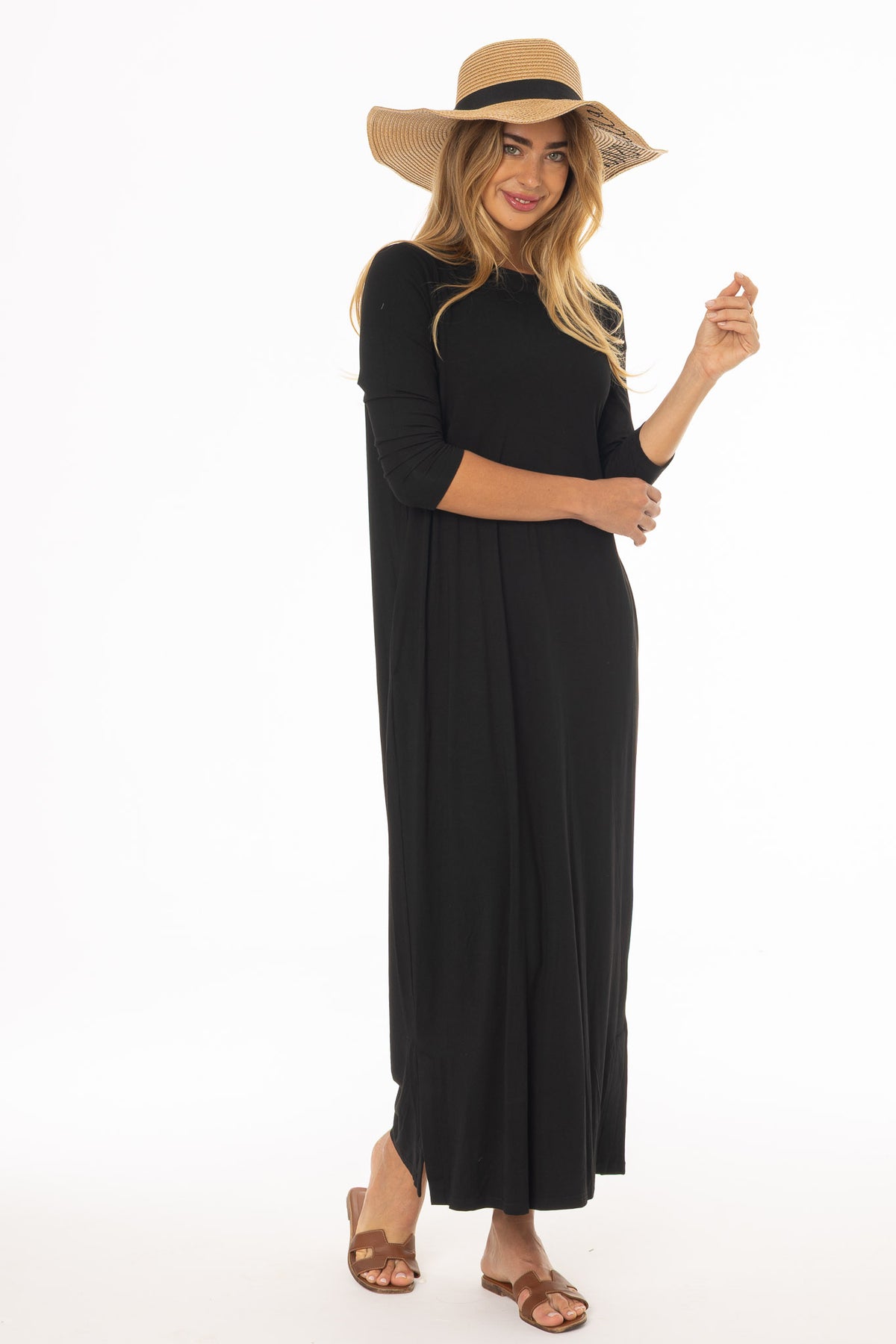 chinese dress ladies Black V-Neck Drawstring Short Sleeve Side Slit Maxi Dress main image 0