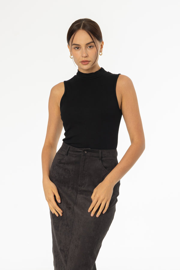 Black Ribbed Sleeveless Mock Neck Top