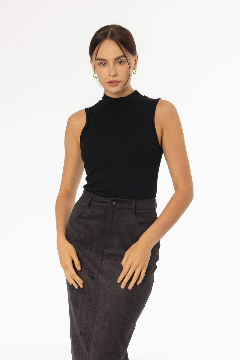 Black Ribbed Sleeveless Mock Neck Top