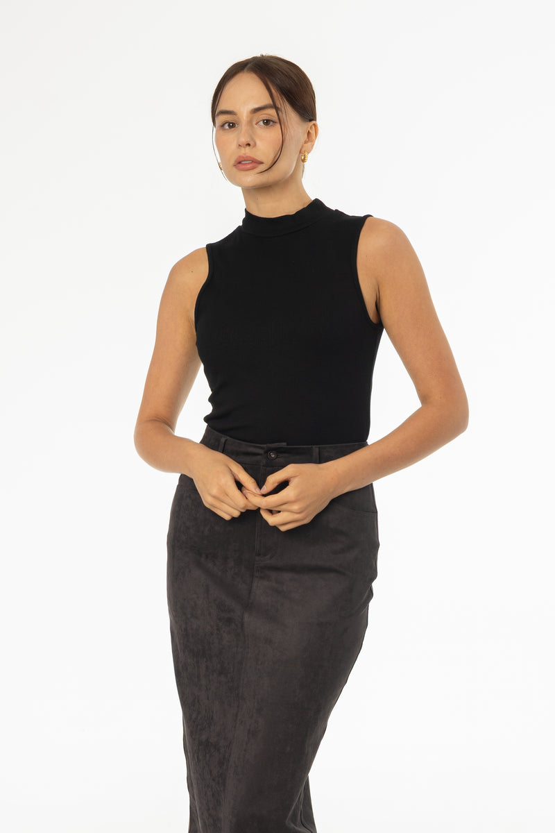Black Ribbed Sleeveless Mock Neck Top