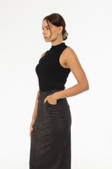 Black Ribbed Sleeveless Mock Neck Top