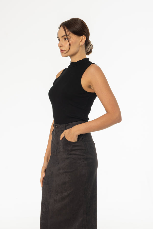 Black Ribbed Sleeveless Mock Neck Top