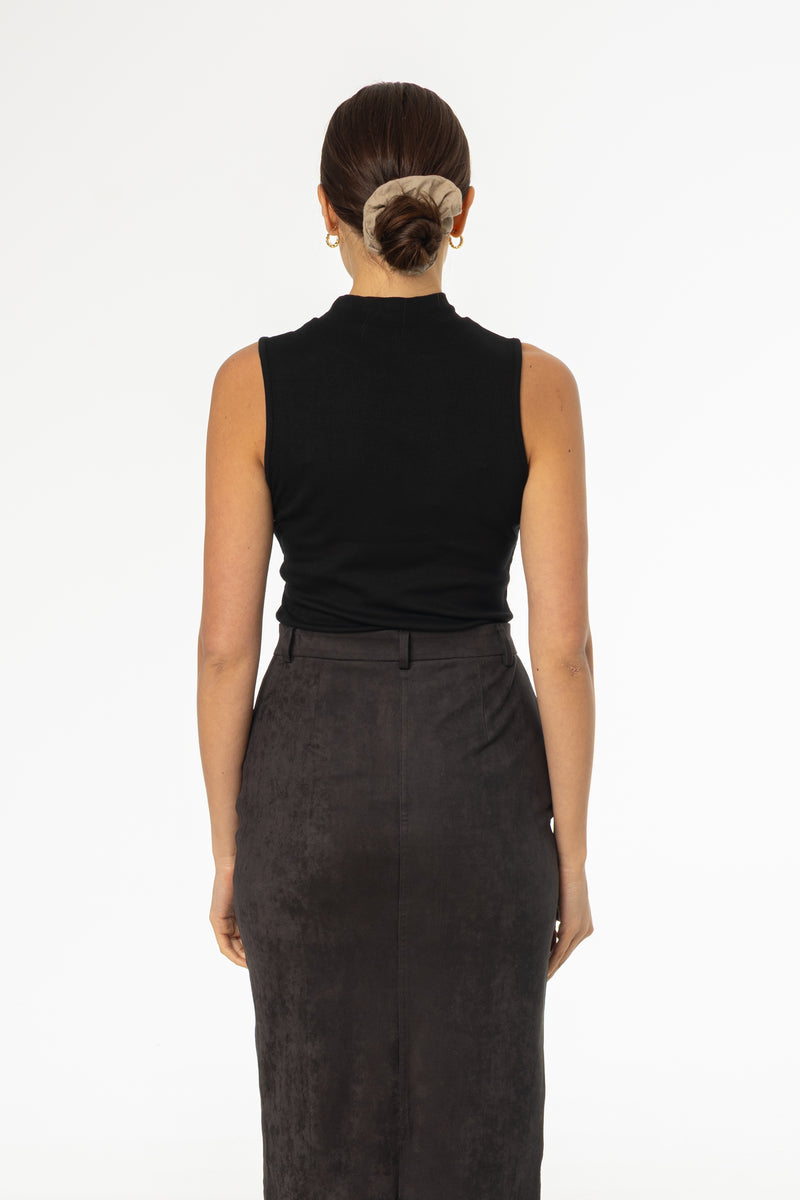 Black Ribbed Sleeveless Mock Neck Top
