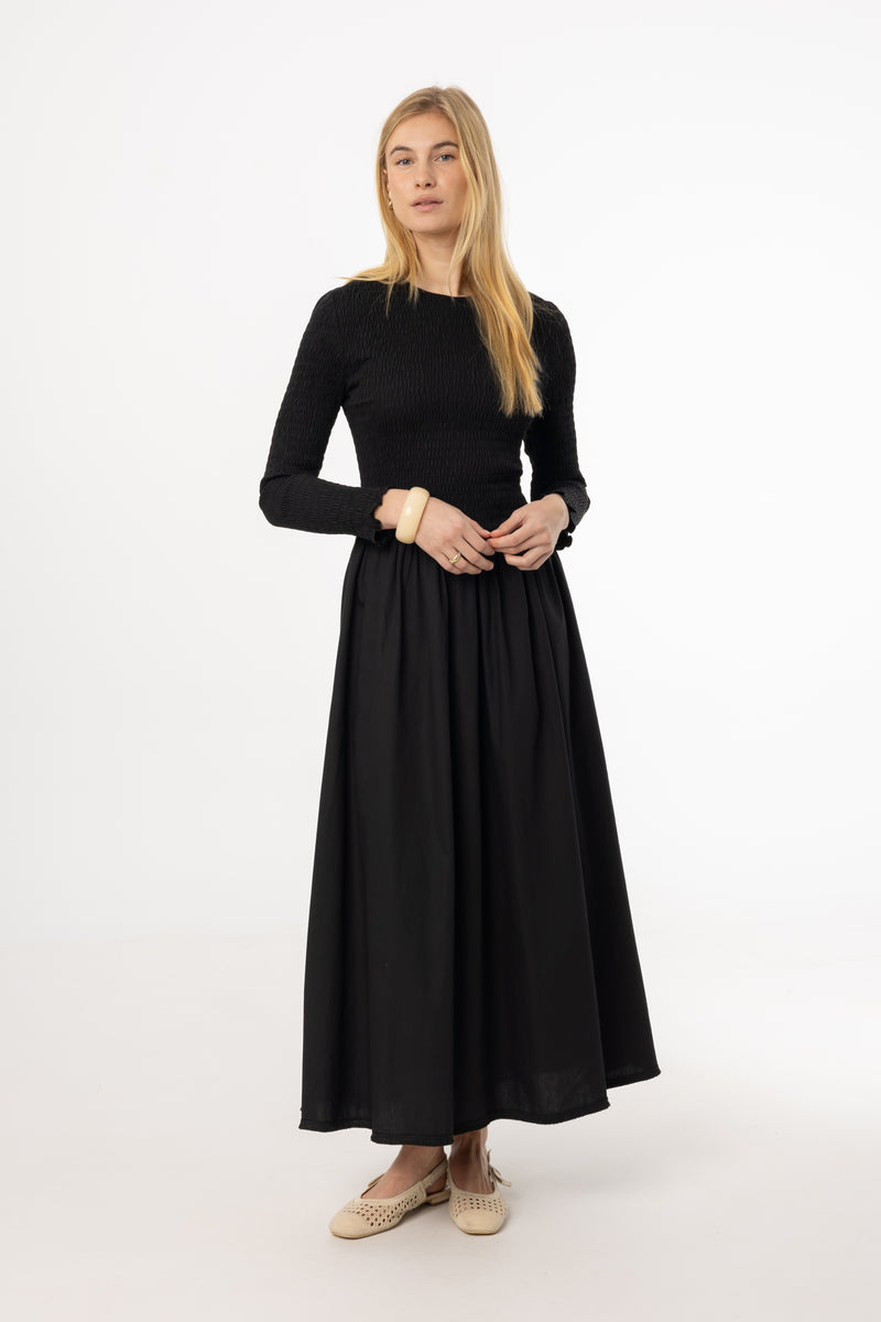 Black Smocked Cotton Maxi Dress