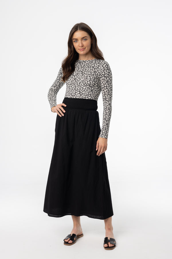 Black Smocked Maxi Skirt