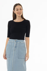 Black Solid Midi Sleeve Wider Neck Tee