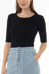 Black Solid Midi Sleeve Wider Neck Tee