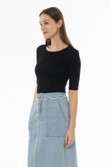 Black Solid Midi Sleeve Wider Neck Tee