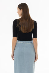 Black Solid Midi Sleeve Wider Neck Tee