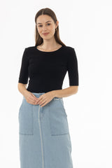 Black Solid Midi Sleeve Wider Neck Tee