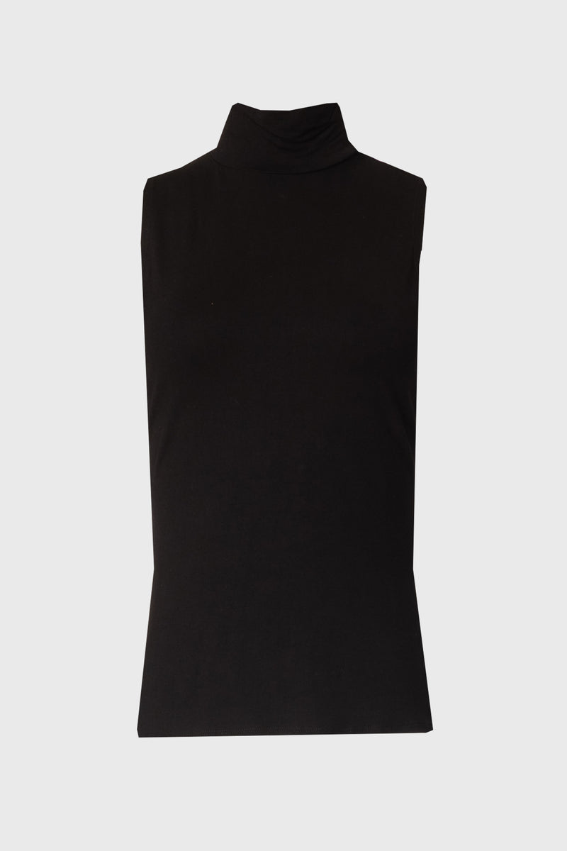 Black Solid Sleeveless Turtleneck Top