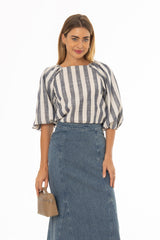 Navy Square Neck Linen Top