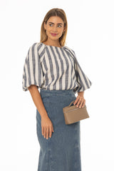 Navy Square Neck Linen Top