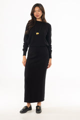 Black Stitched Knit Maxi Skirt