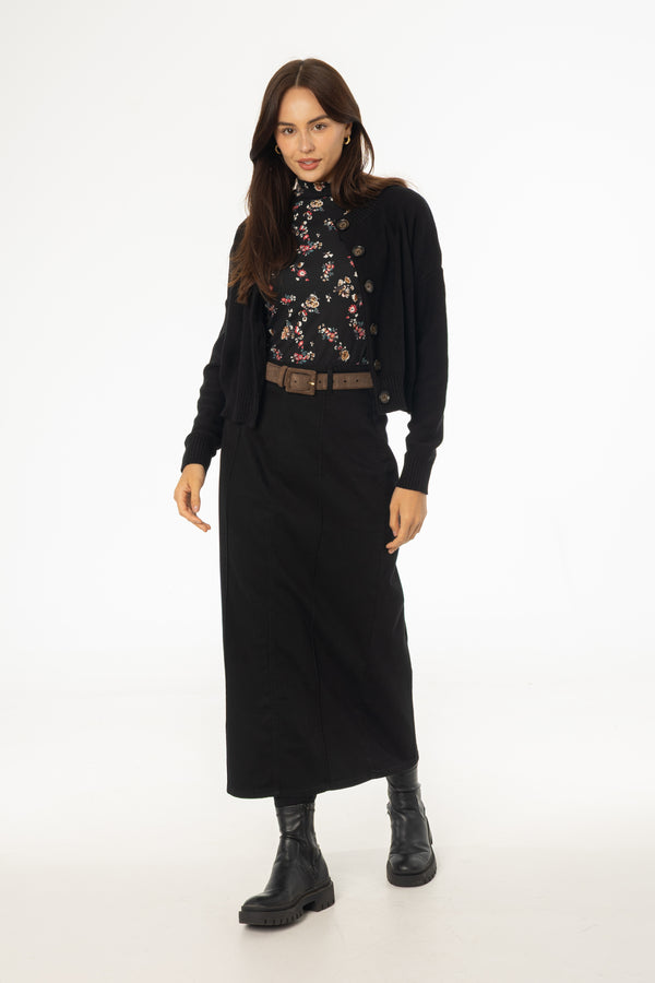 Black Straight Denim Maxi Skirt
