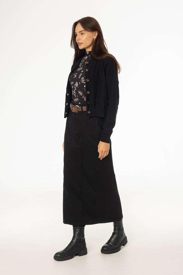 Black Straight Denim Maxi Skirt