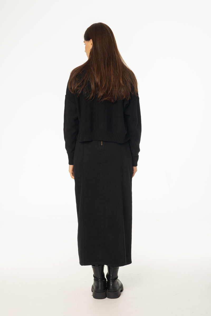 Black Straight Denim Maxi Skirt