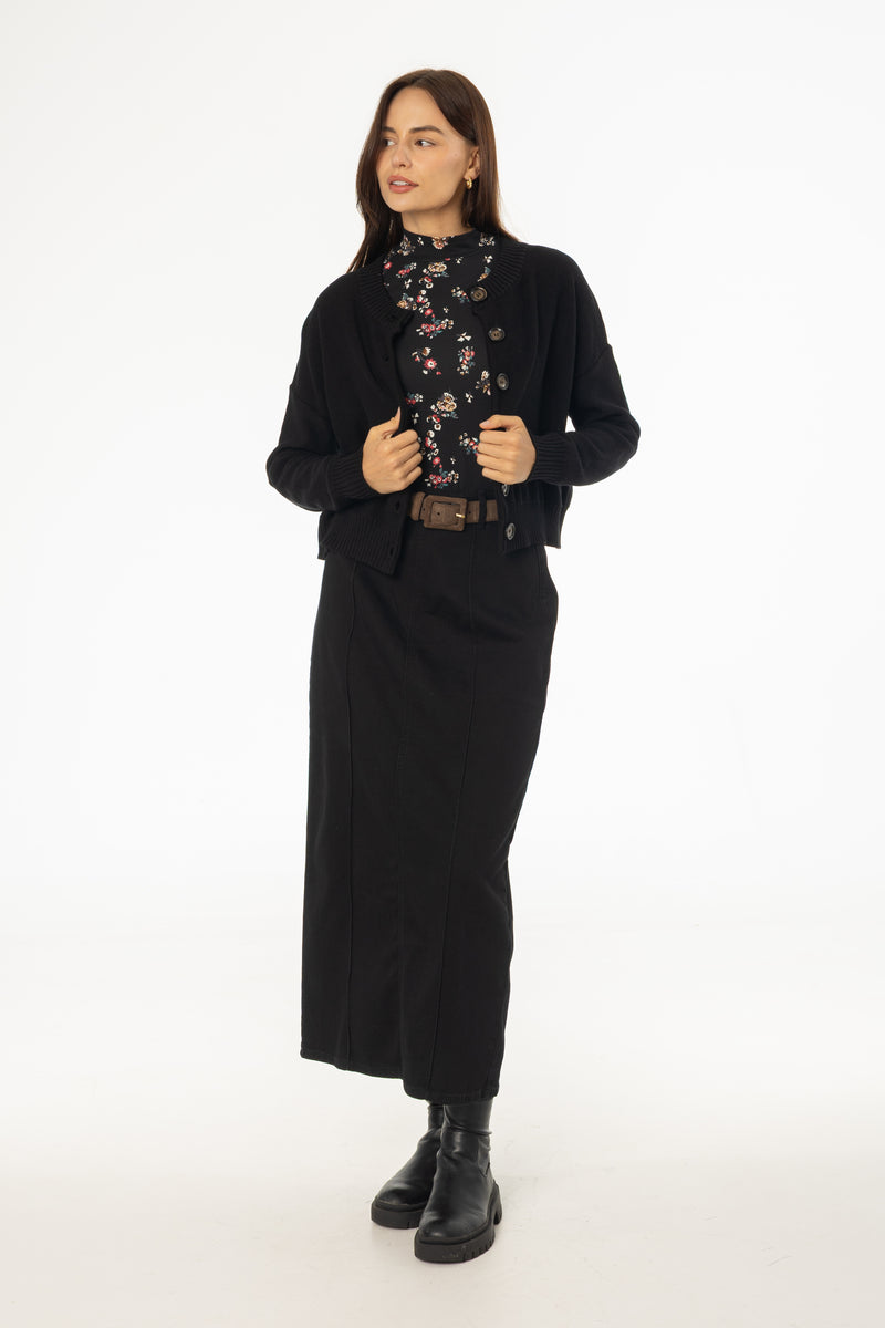 Black Straight Denim Maxi Skirt