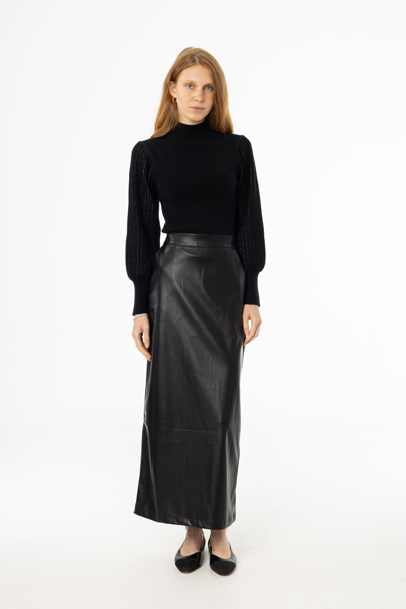 Black Straight Vegan Leather Skirt