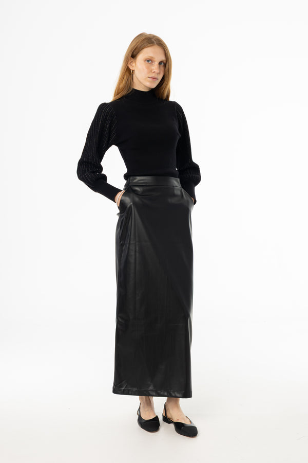 Black Straight Vegan Leather Skirt