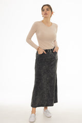 Black Stretch Cotton Acid Wash Maxi Skirt