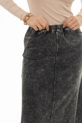 Black Stretch Cotton Acid Wash Maxi Skirt