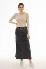 Black Stretch Cotton Acid Wash Maxi Skirt