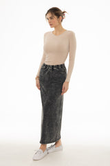 Black Stretch Cotton Acid Wash Maxi Skirt