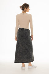 Black Stretch Cotton Acid Wash Maxi Skirt