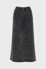Black Stretch Cotton Acid Wash Maxi Skirt